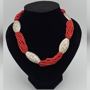 Chico's Red and‎ Silver Statement Necklace